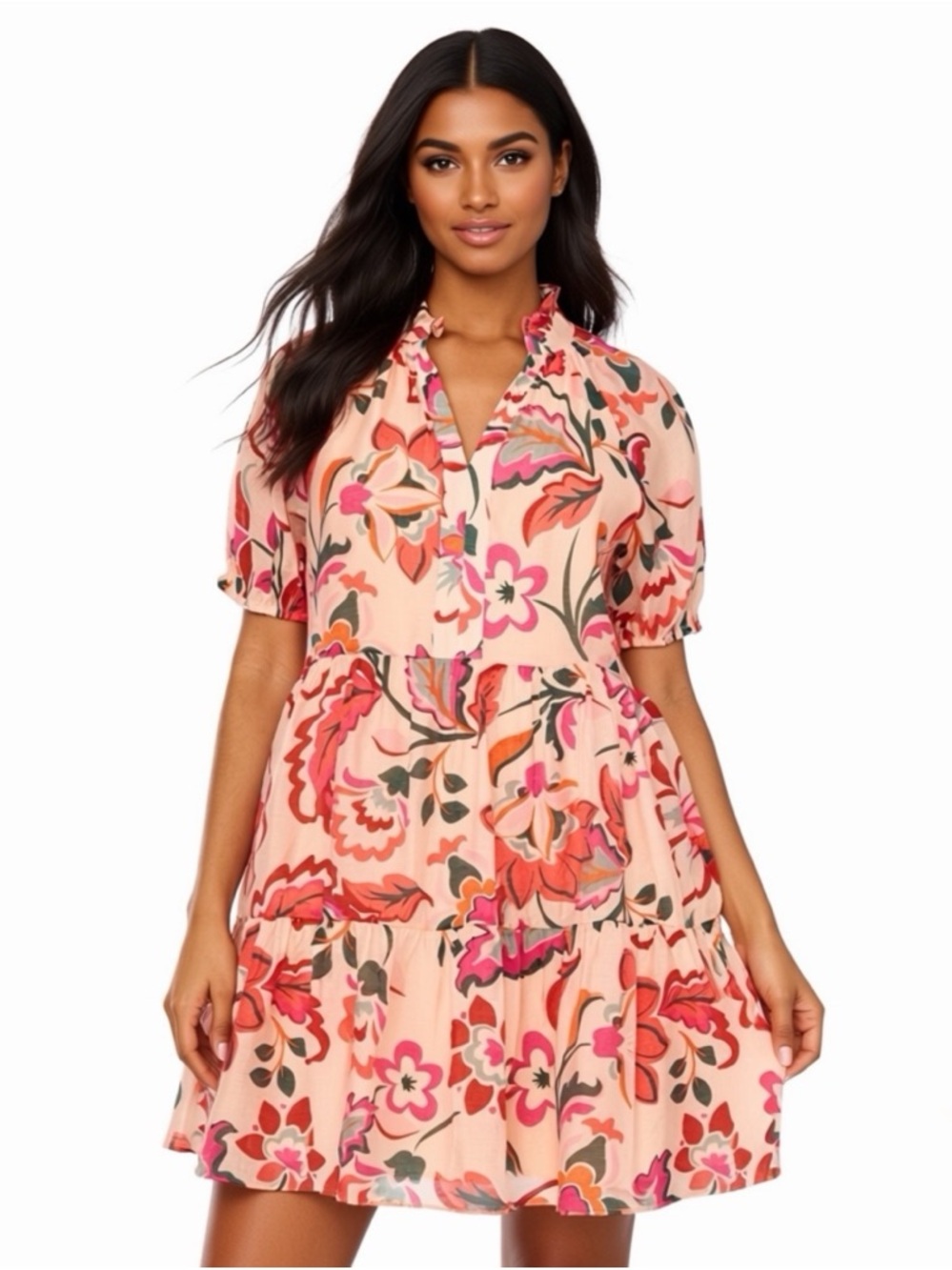 MSK Floral Print Midi flowy shirt tunic Dress Pink Red